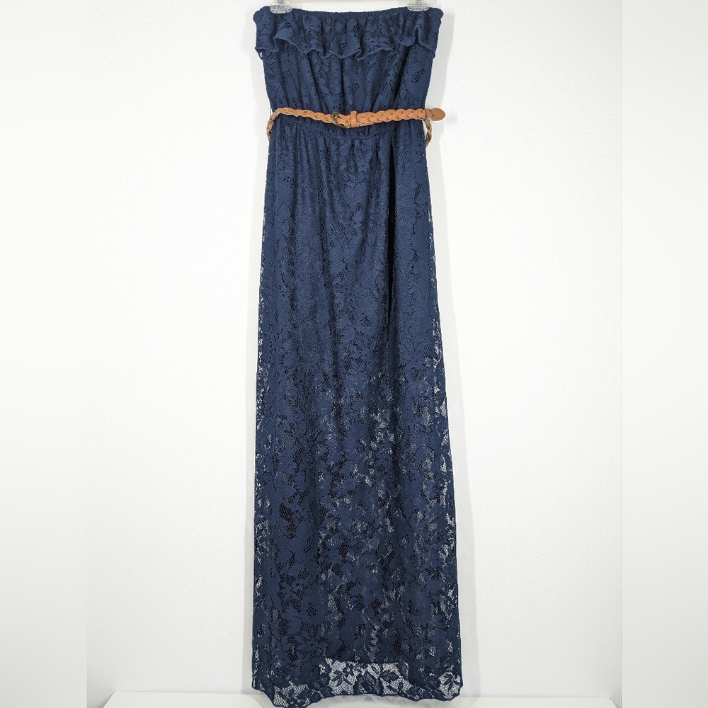 Navy blue Strapless Lace Dress with Belt, Sz Med